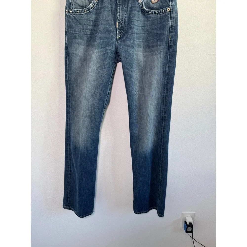 Crown Holder Straight Jeans Men 34 Blue Denim Cotton Beaded Embroidered Mid Rise